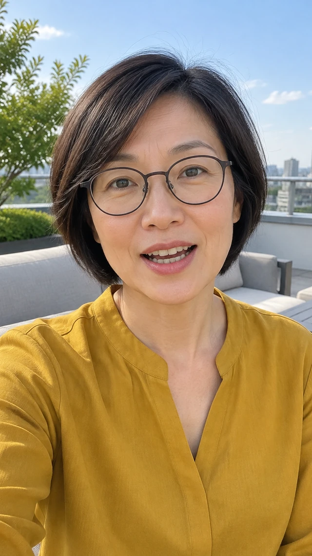 Adult East Asian woman with short layered bob in a terrace setting, speaking to camera seated beside patio furniture on a rooftop terrace speaking to camera.