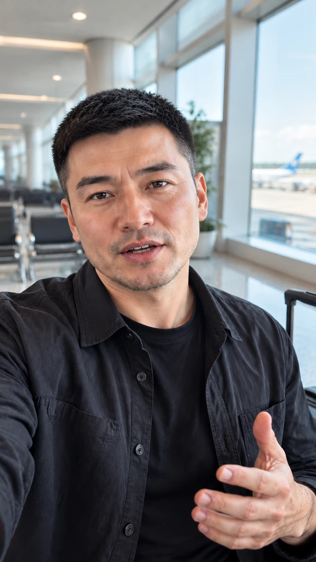 Adult East Asian man with short dark crop in a travel setting, speaking to camera standing in an airport lounge beside a plain carry-on bag giving a travel update.