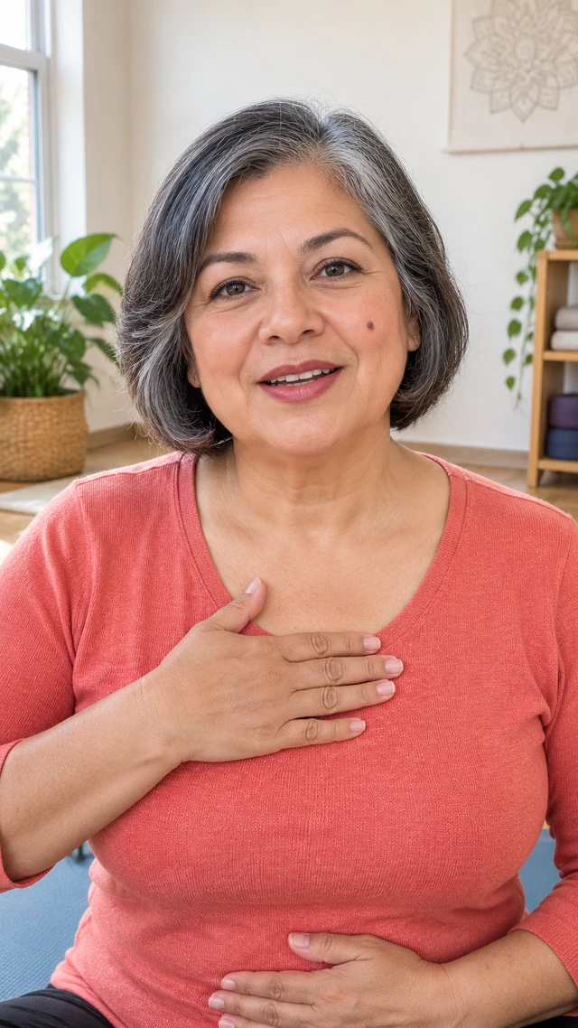 Adult Latina woman with short salt-and-pepper bob in a yoga setting, speaking to camera seated on a yoga mat in a calm studio giving a breathing introduction.