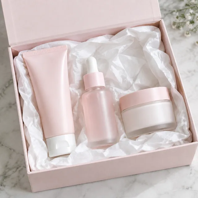 She lifts a skincare gift set out at her vanity and walks through each piece in the box as a ready-made routine.