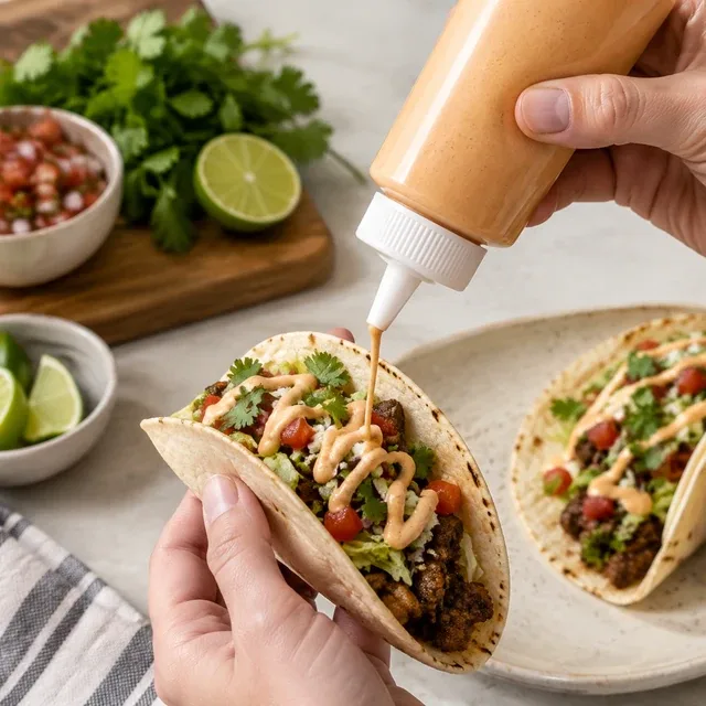 He squirts a bright red hot sauce over a plate of tacos and takes the bite that proves the heat.