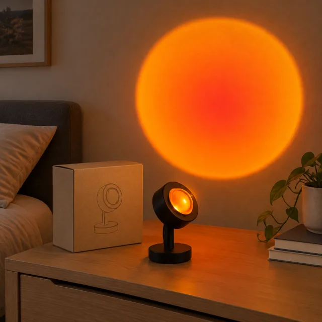 A dim bedroom desk transforms with one sunset lamp: the before shot, the switch, and the warm glow that changes the whole room.