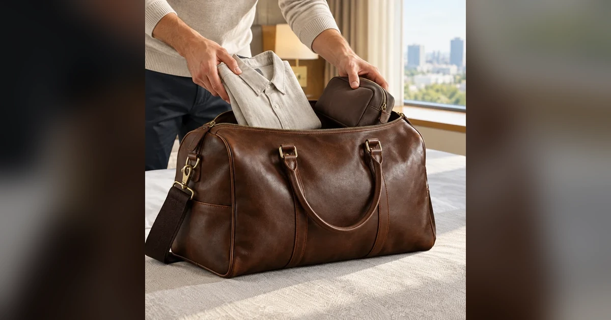 Adult hands pack a charcoal travel duffel with a shirt and toiletry pouch.
