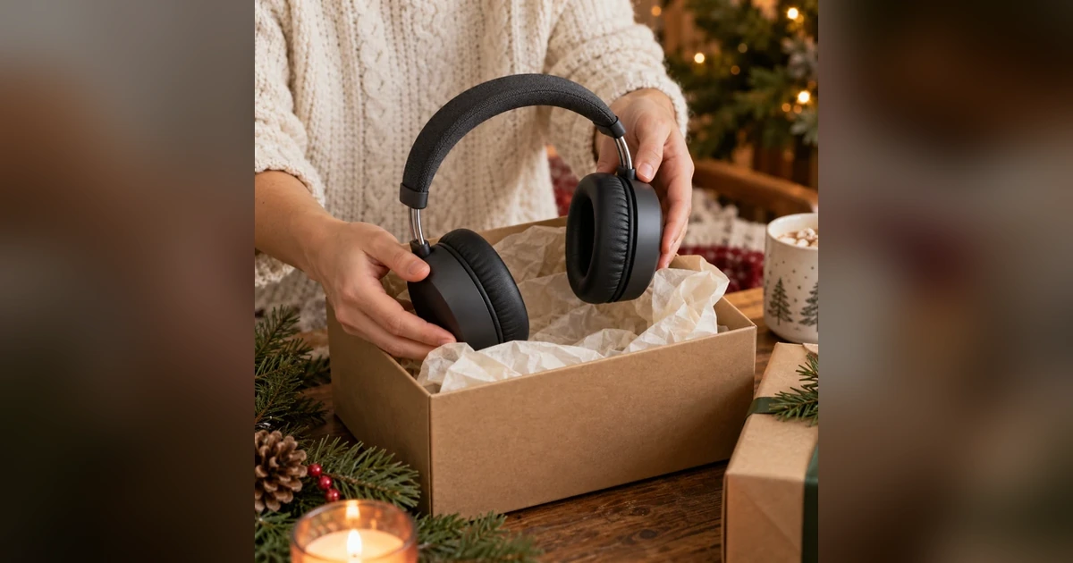Adult lifts generic matte graphite over-ear headphones with round leather pads from a gift box.