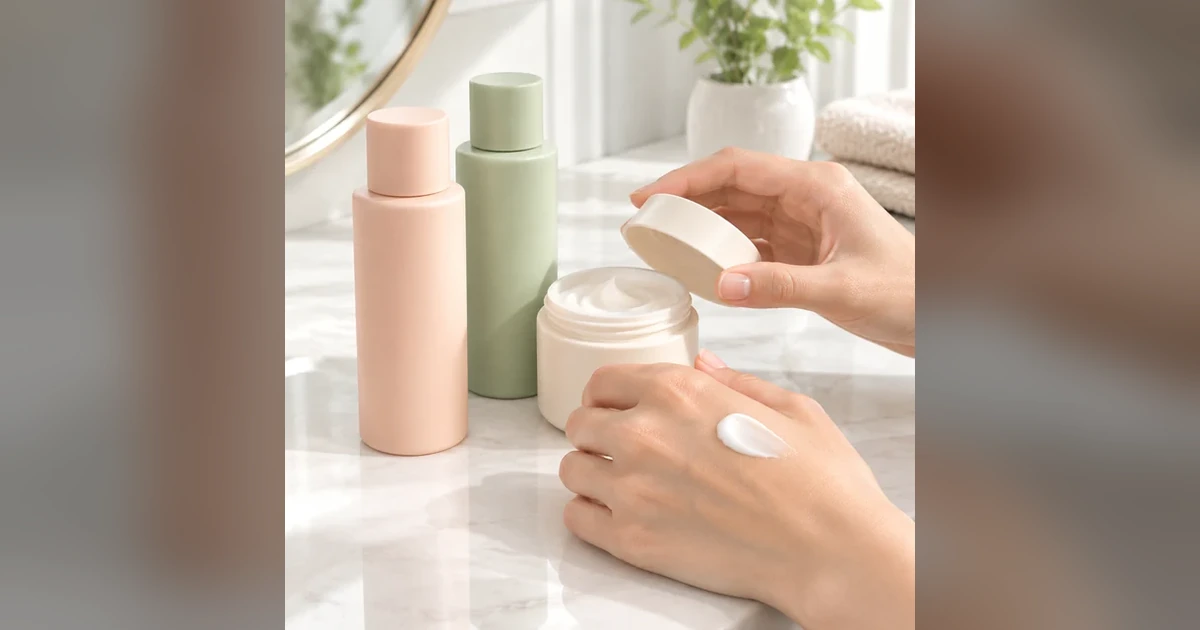 Adult applies cream from a jar while two pastel skincare bottles remain visible.