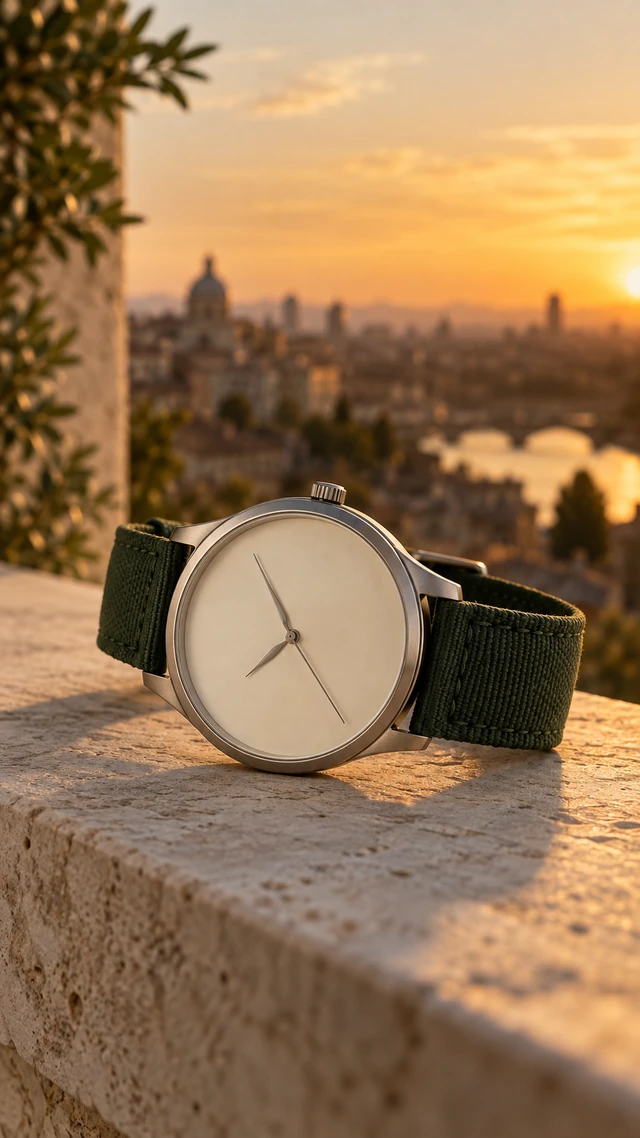 Plain round wristwatch resting on a stone ledge at golden hour with a softly blurred city behind it.
