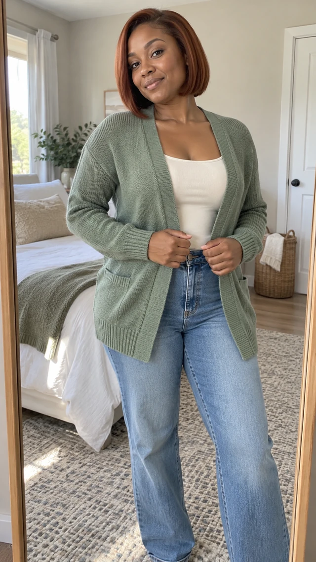 Adult Black woman with a short copper bob tries on a plain sage knit cardigan in a bright bedroom mirror.