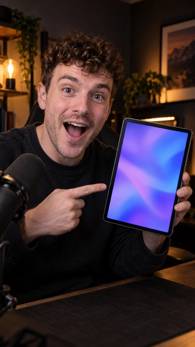 Adult white man with short tight curls reacts beside a generic tablet showing only soft abstract color blocks in a dark streaming room.