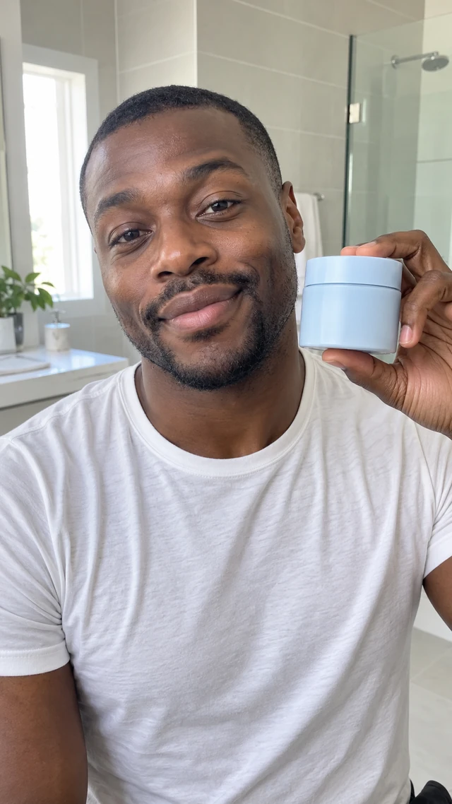 Adult Black man with close-cropped hair holds a plain pale-blue moisturizer jar beside his face in a bright tiled bathroom.