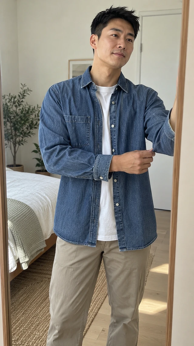 Adult East Asian man with a short dark crop models a plain blue denim overshirt in a bright home mirror.