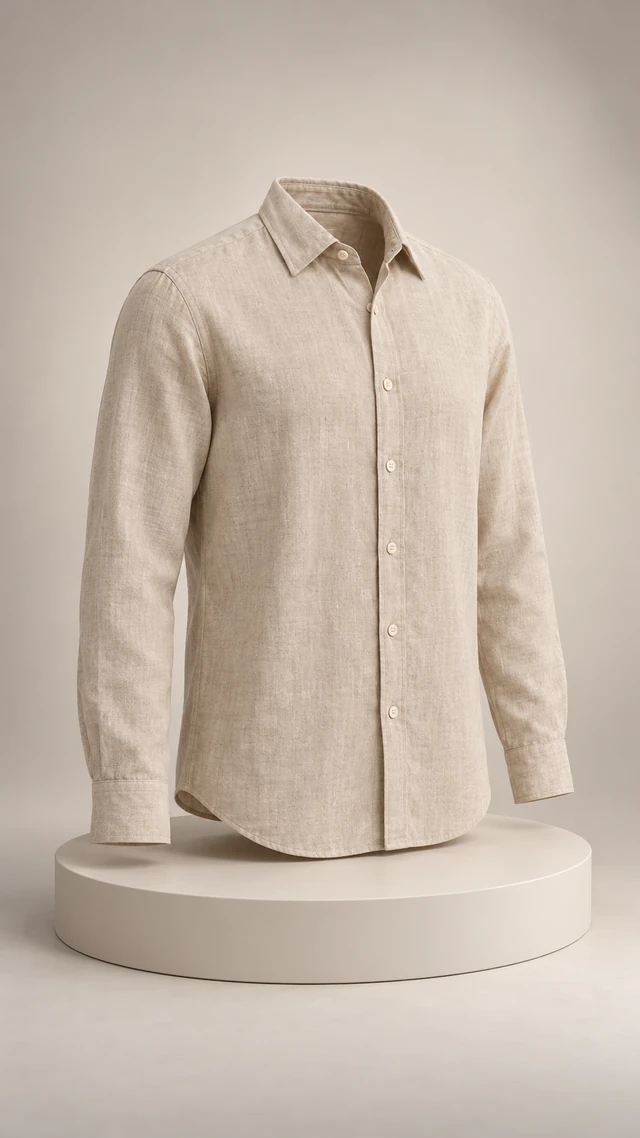 Plain sand linen shirt displayed front and back on a simple studio turntable with soft shadows and no label.