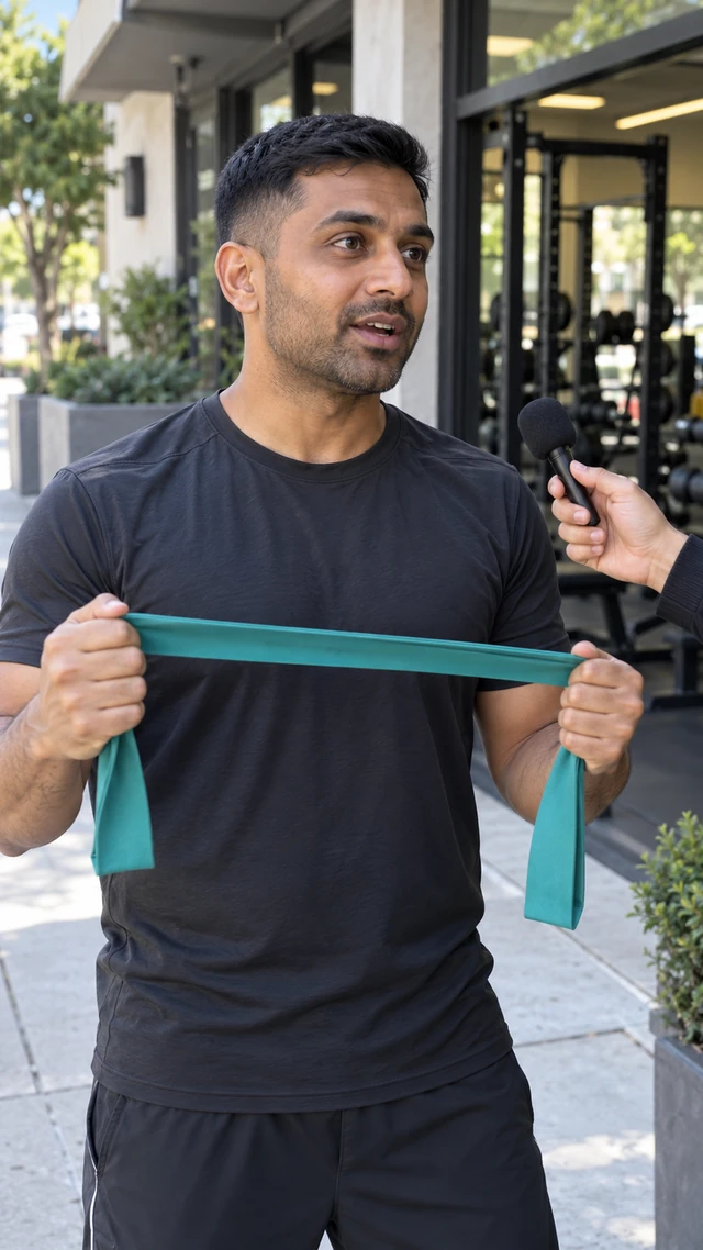 Adult South Asian man with a short black fade answers a street interview while holding a plain teal resistance band outside a gym.
