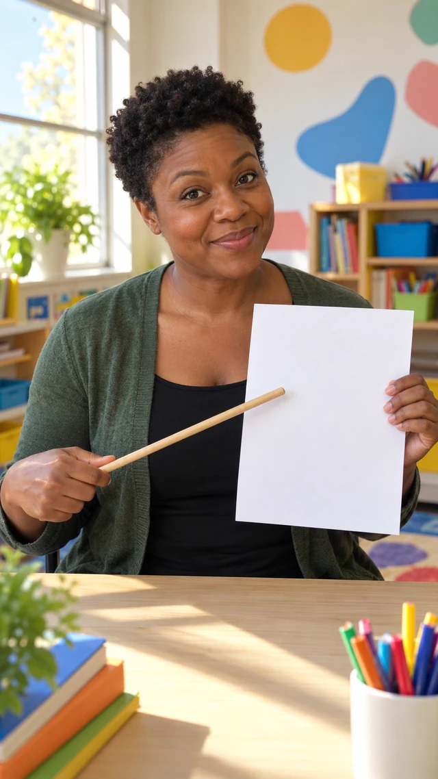 Adult Black woman teacher with a short natural tapered cut demonstrates a plain unmarked wooden pointer at a bright classroom desk.