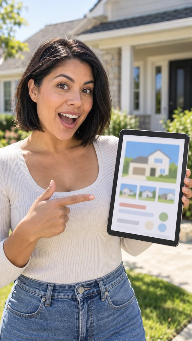 Adult Latina woman with a chin-length dark bob holds a generic tablet with only blurred abstract home shapes in front of a house.