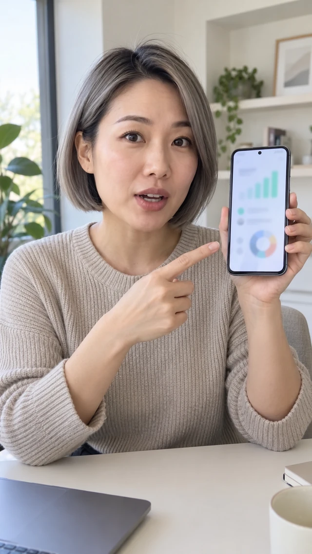 Adult East Asian woman with a short ash-gray bob explains a generic finance app on a phone with only abstract bars and circles.