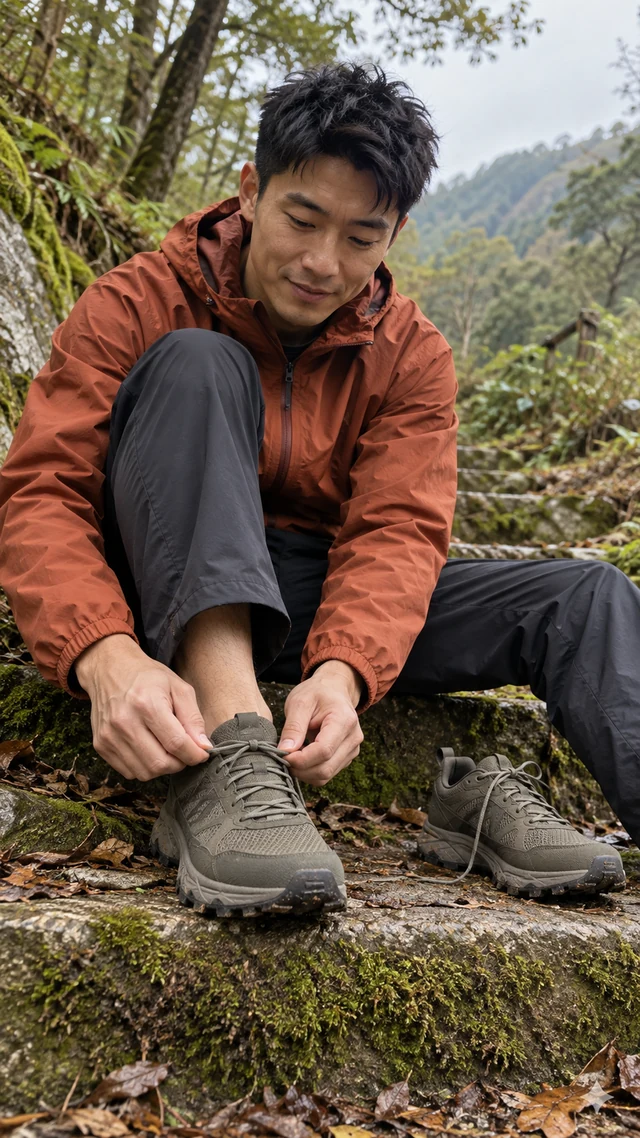 Adult East Asian man with short black hair tightens the laces of plain olive-gray trail shoes on a forest path.