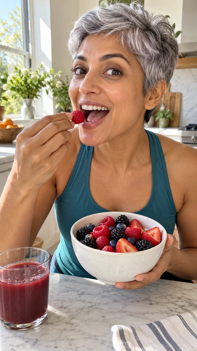 Adult South Asian woman with a short silver pixie haircut takes a first bite from a bowl of fresh berries beside a berry drink.