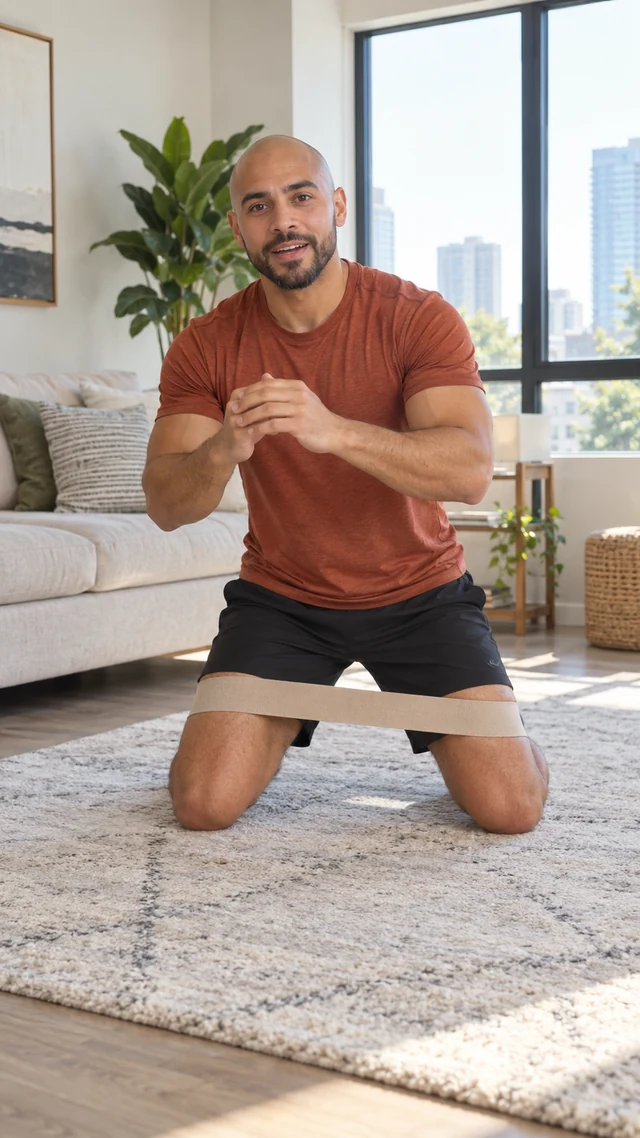 Adult Latino man with a shaved head demonstrates a plain sand-colored resistance band in a bright living room.