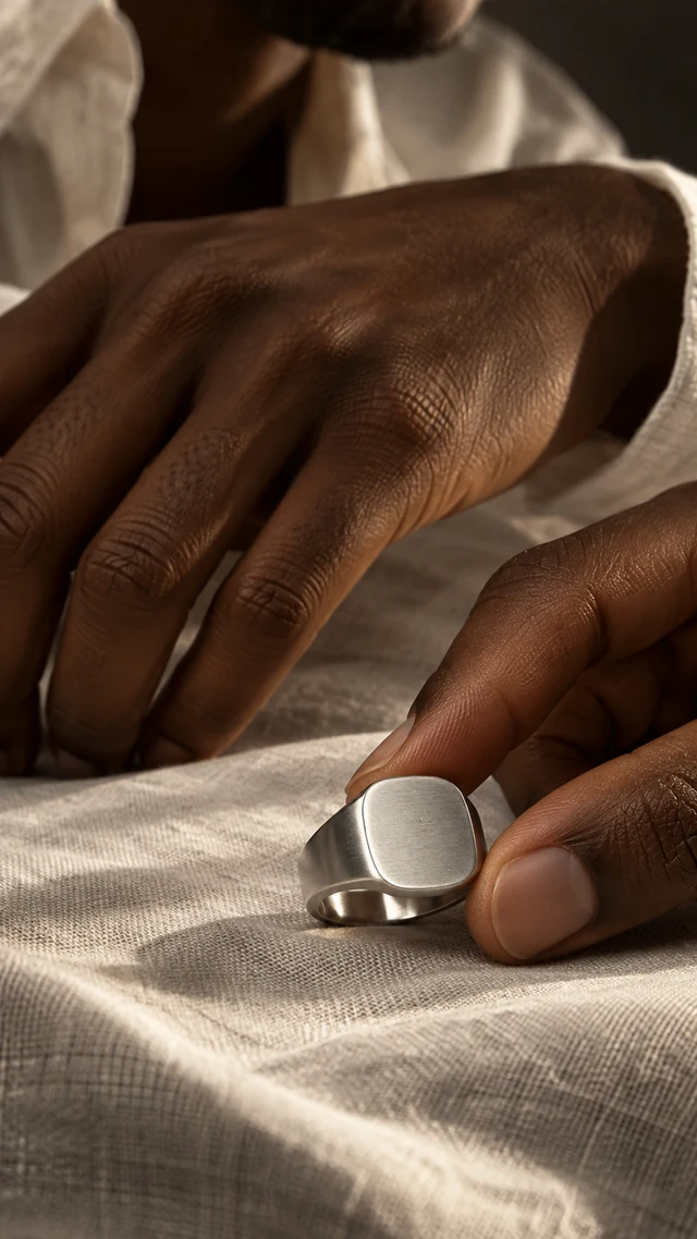 Close view of an adult Black man’s hands rotating a plain brushed-silver signet ring on pale linen.