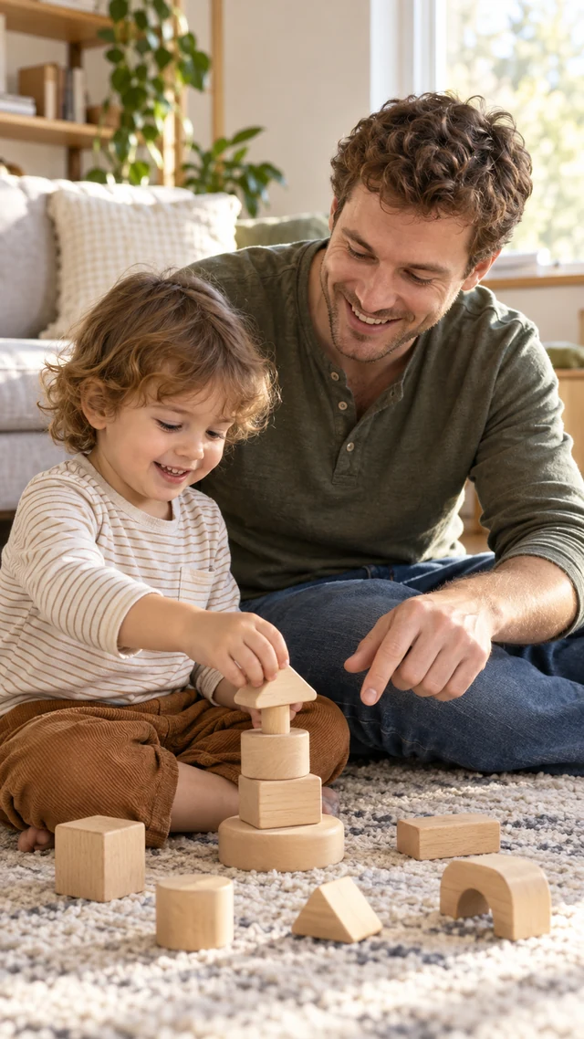 Adult father and young child stack a plain wooden shape toy together on a living-room rug.