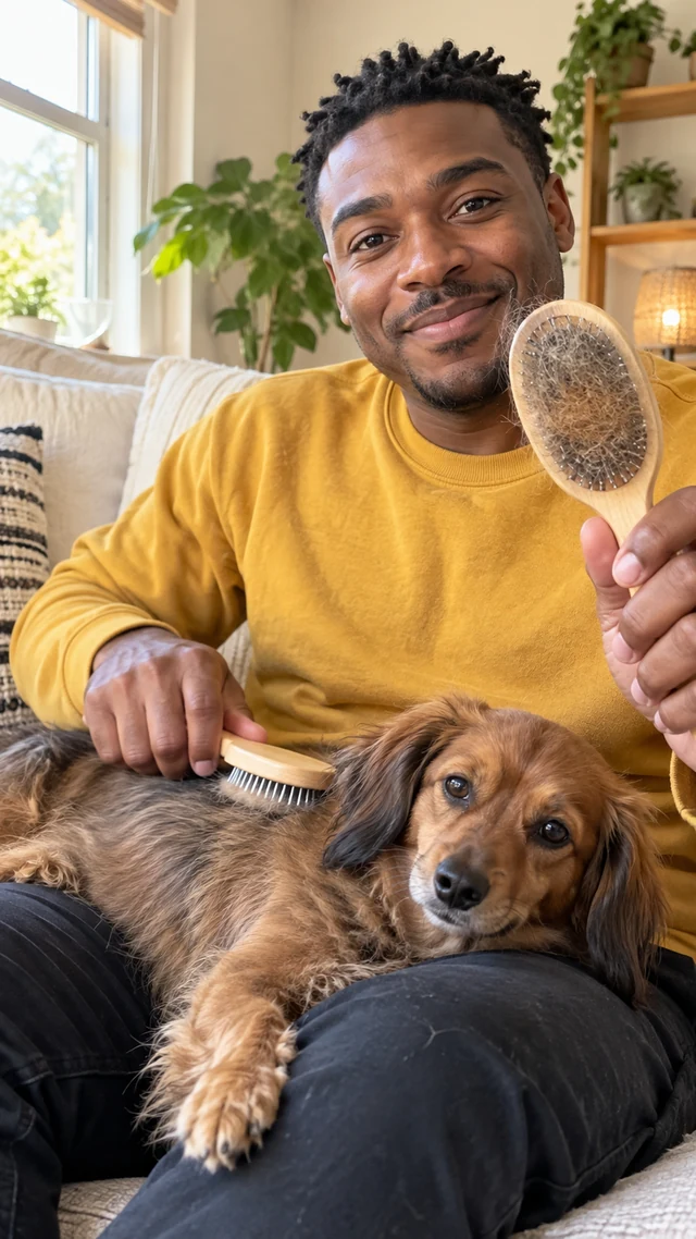 Adult Black man with short twists brushes a small brown dog with a plain wooden pin brush on a sofa.