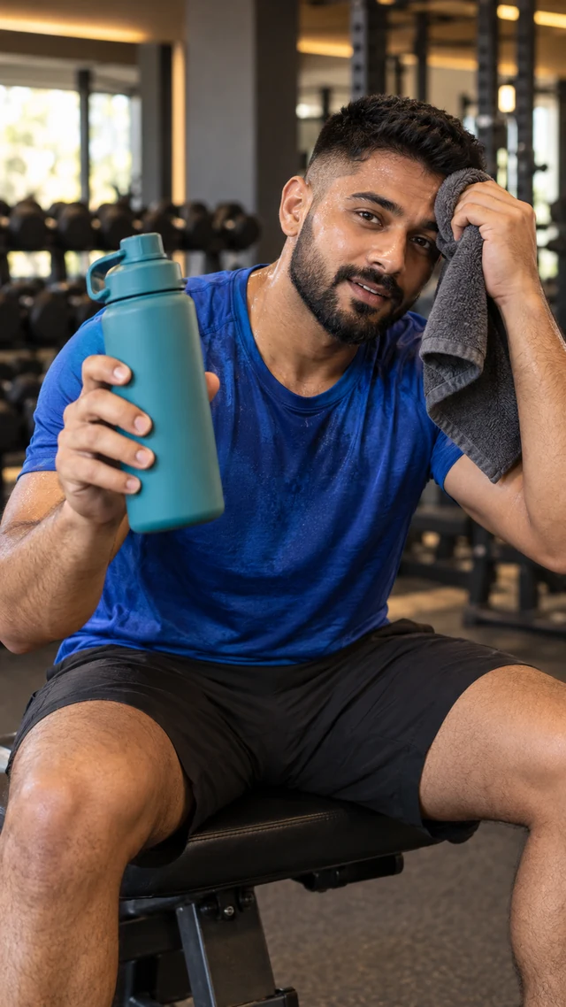 Adult South Asian man with a short fade raises a plain matte teal sports bottle after a gym workout.