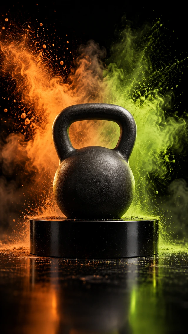 A plain matte kettlebell stands on a glossy black pedestal as orange and lime-green chalk dust bursts behind it.