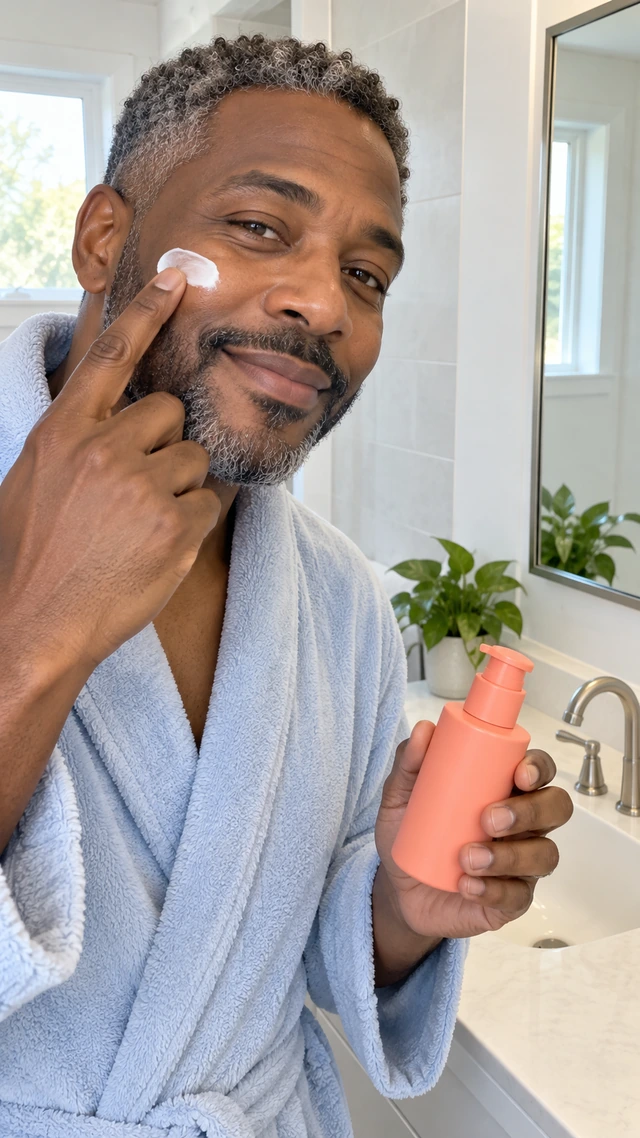 Adult Black man with short salt-and-pepper curls applies plain coral pump moisturizer to his cheek in a bright bathroom.