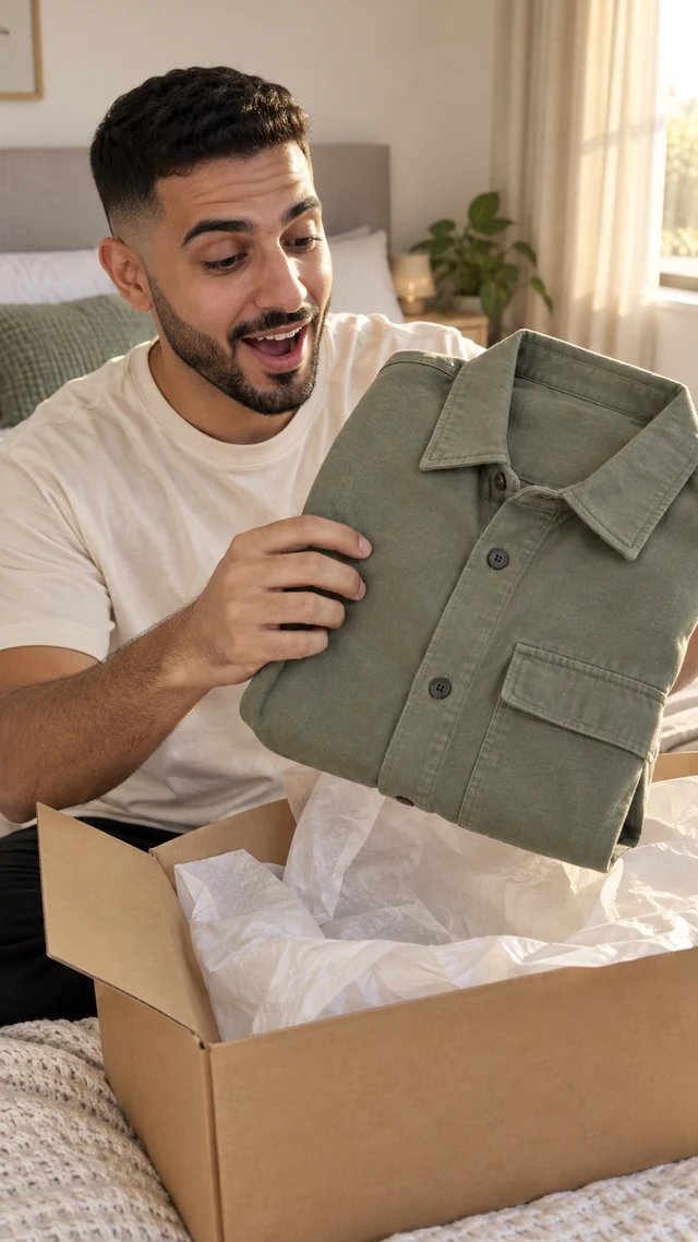 Adult Middle Eastern man with a close-cropped fade lifts a plain sage overshirt from a blank kraft mailer.