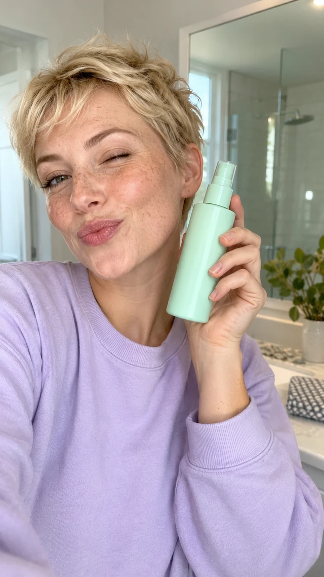 Adult white woman with a short light-blonde pixie holds a plain mint pump face mist beside her cheek.