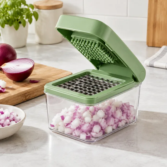 In her kitchen she locks a vegetable chopper over a bowl and turns a pile of vegetables into even cubes in seconds.
