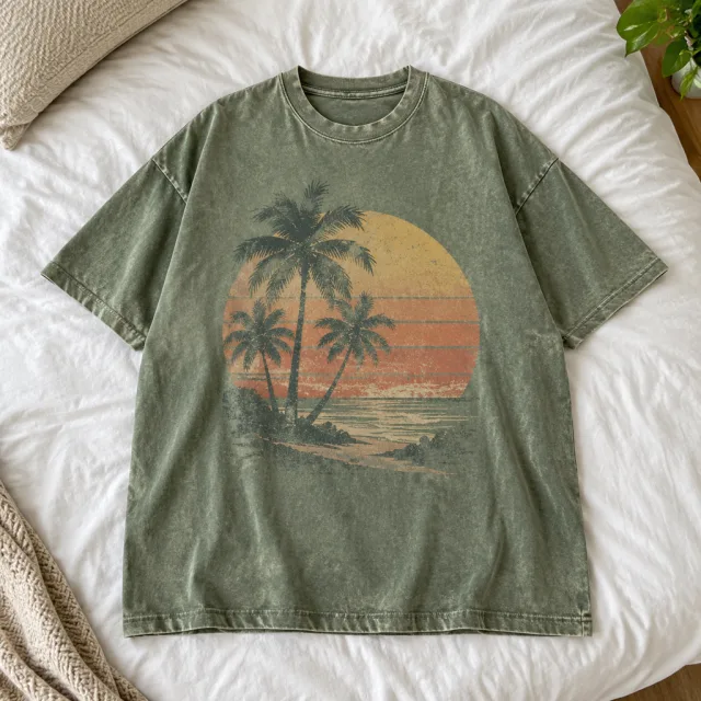 A second bedroom session with the washed-graphic cotton tee, this time lingering on the faded sunset print and the softness of the washed cotton.