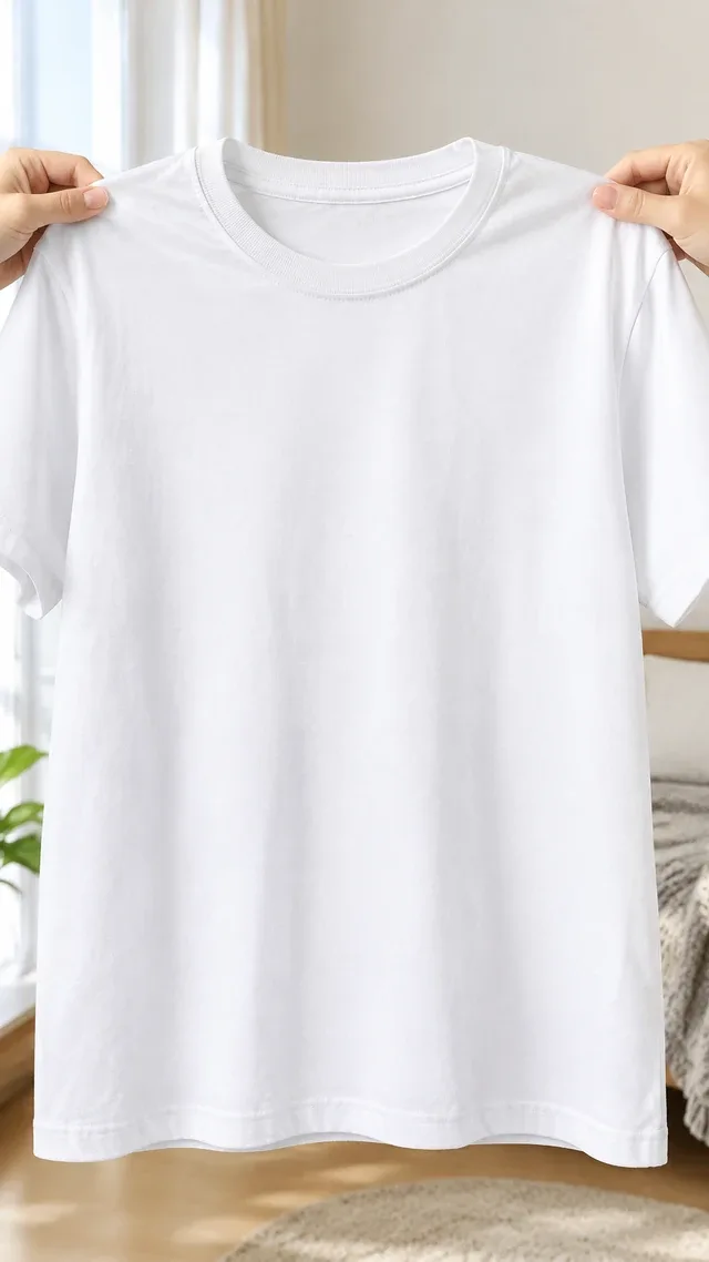 She holds up a plain white tee and shows the three outfits she builds around it in one bedroom mirror session.