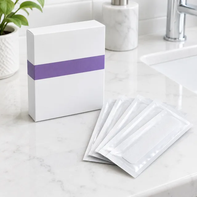 At her bathroom counter she holds up a whitening-strips kit and teases the Black Friday deal before showing the strips.