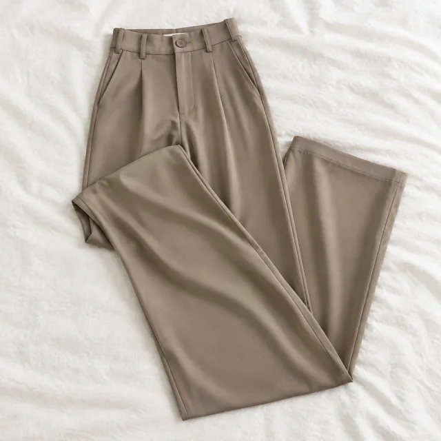 She holds up grey-taupe wide-leg work pants, then shows the fit from desk chair to full-length mirror.