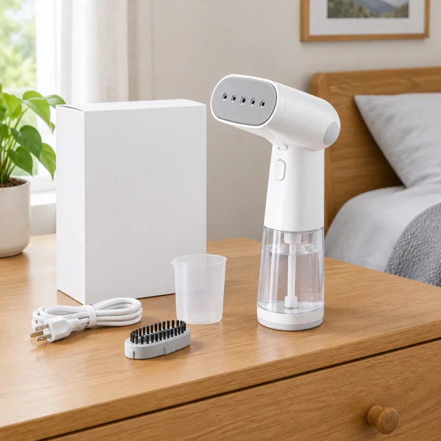 A wrinkled light-blue shirt goes from crumpled to crisp under a handheld steamer in his bedroom.