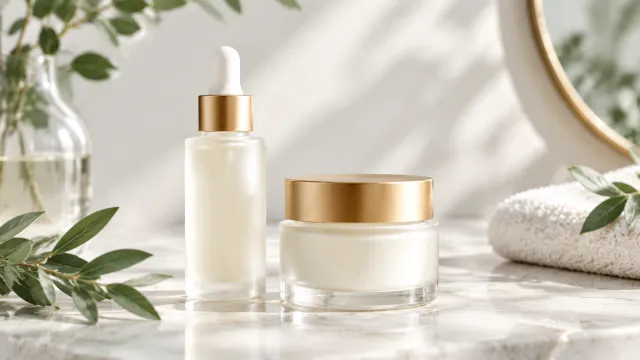 Skincare bottle and cream jar arranged side by side