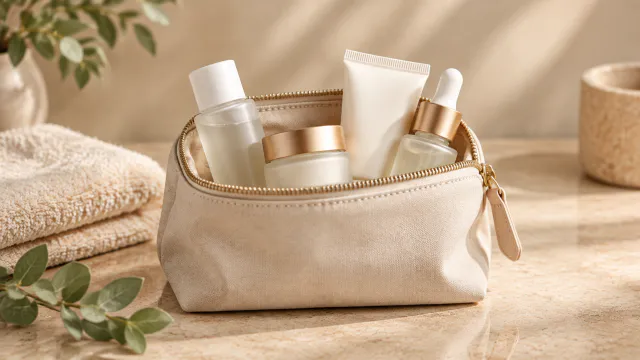 Travel-size skincare set arranged in a small pouch