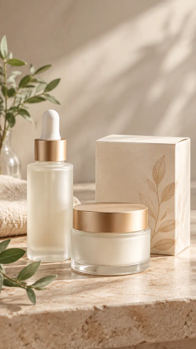 Skincare bottle, cream jar, and matching box bundle as the starting photo