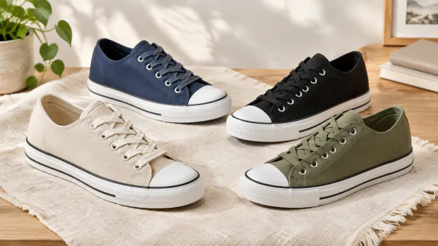 Four canvas sneakers shown together in distinct color options.
