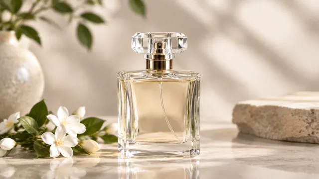 Soft light on the glass perfume bottle