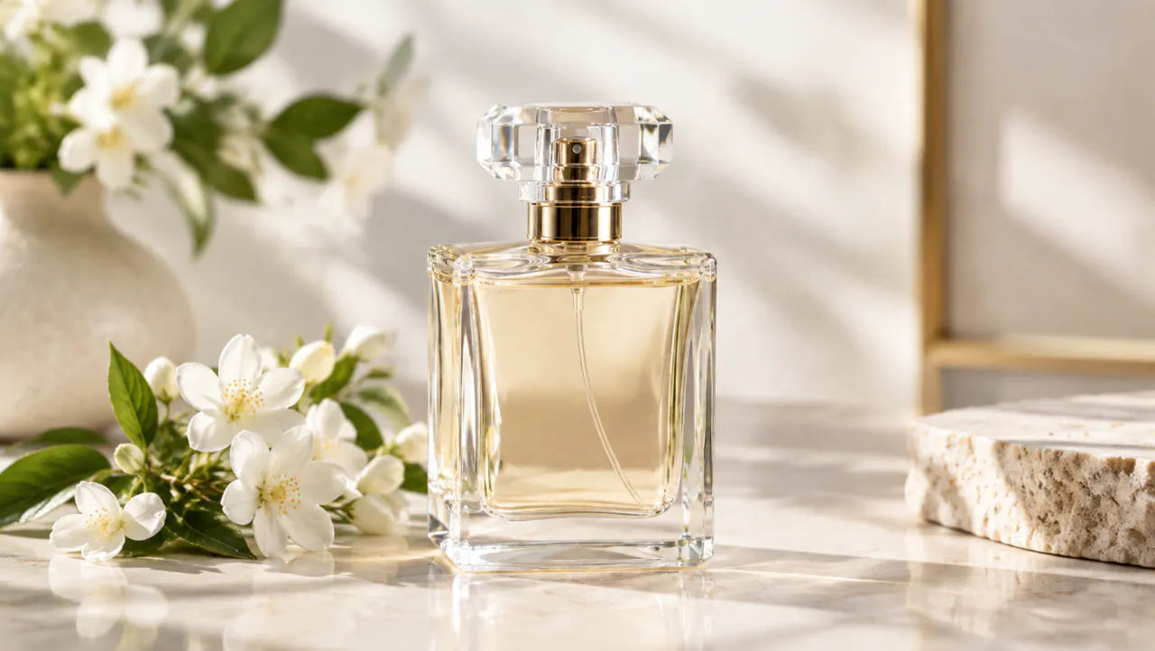 Glass perfume bottle lit with a clean soft studio look