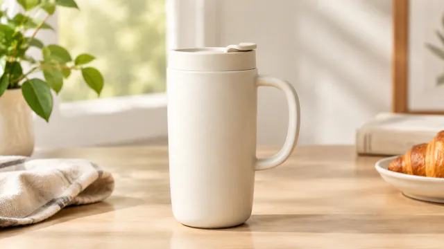 Front-facing product image of a matte ceramic travel mug with a clear silhouette