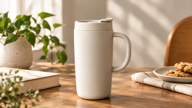 Three-quarter product view showing the travel mug handle and ceramic finish