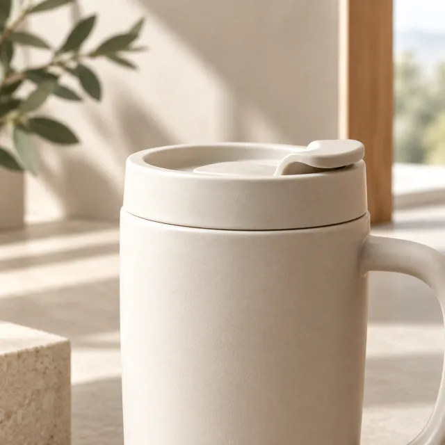 Close view of the travel mug rim and matte ceramic surface