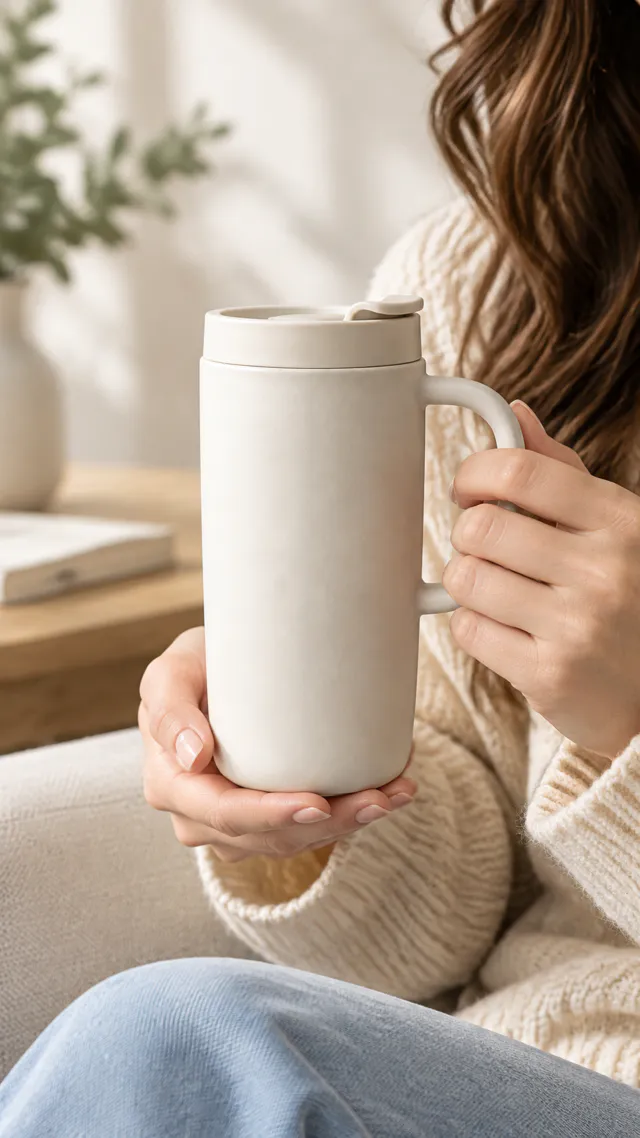 Hand-held scale reference for a ceramic travel mug