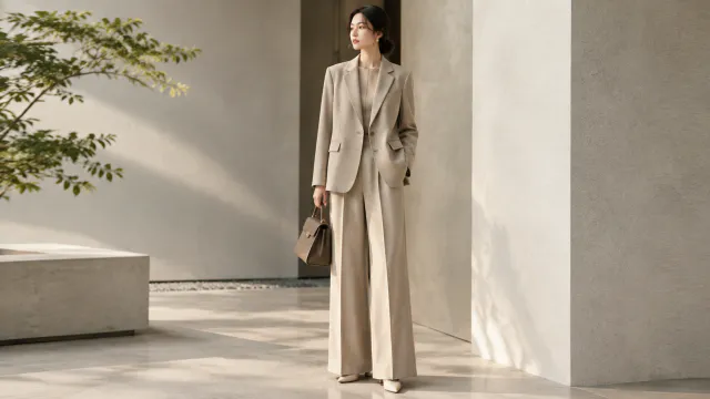 Model in a light trouser suit carries a small brown handbag in a sunlit courtyard