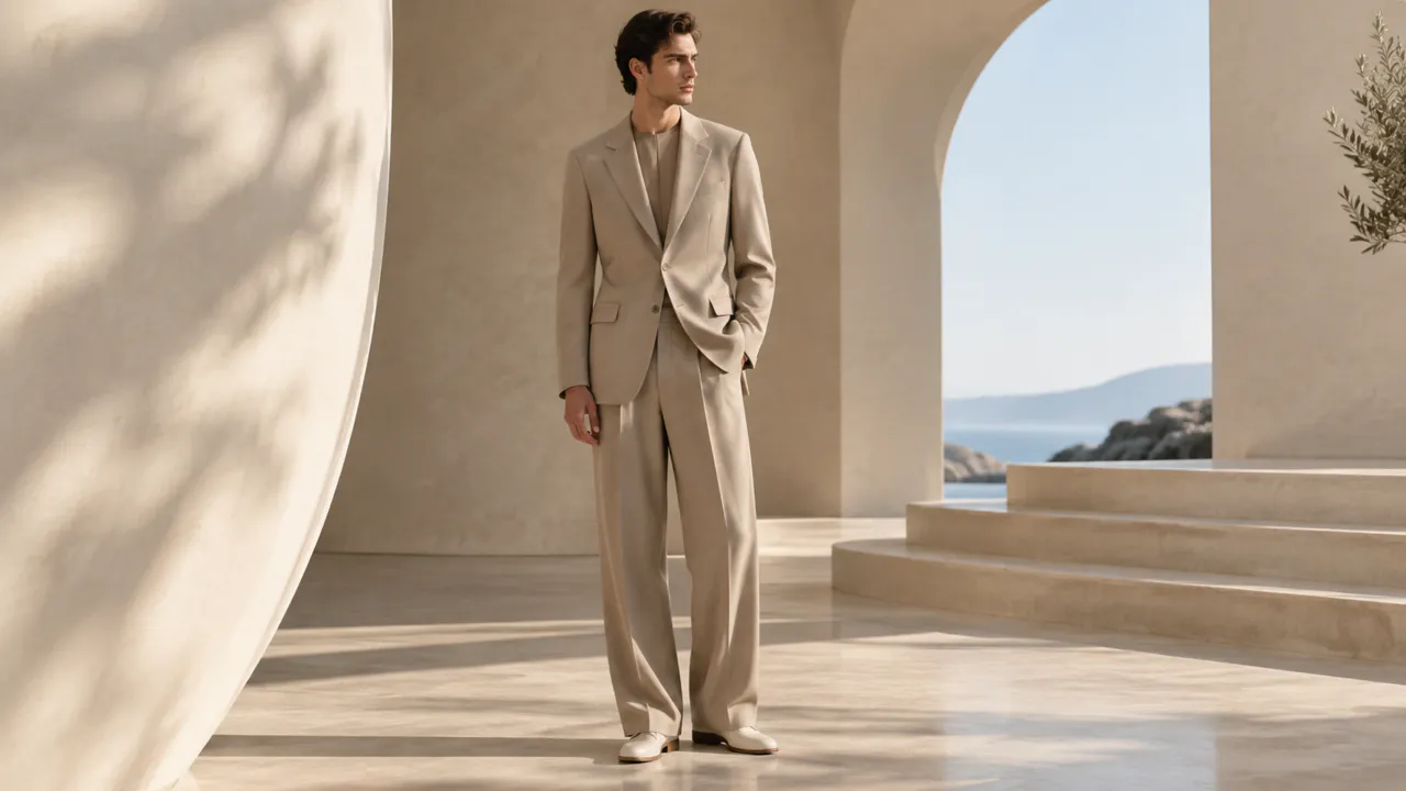 Fashion editorial image of an adult wearing a tailored neutral outfit in a sculptural space