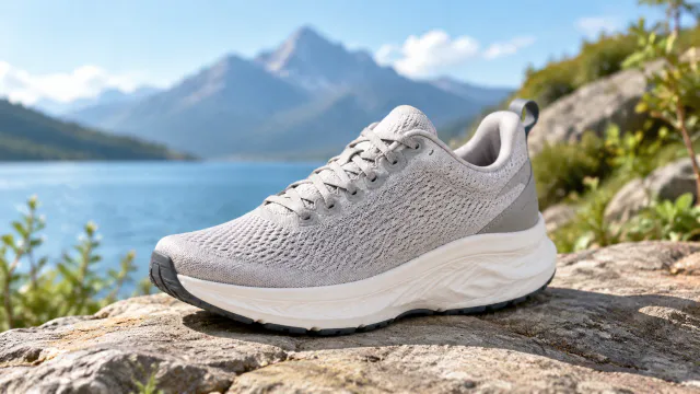 Running shoe centered in a clean vertical feed ad composition