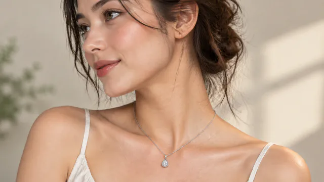 Side neckline view with the necklace visible